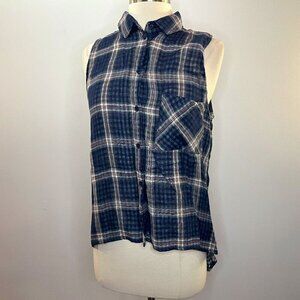 Elodie Women's Blue Plaid Cotton Assymetrical Shirt - Size Medium - NWT